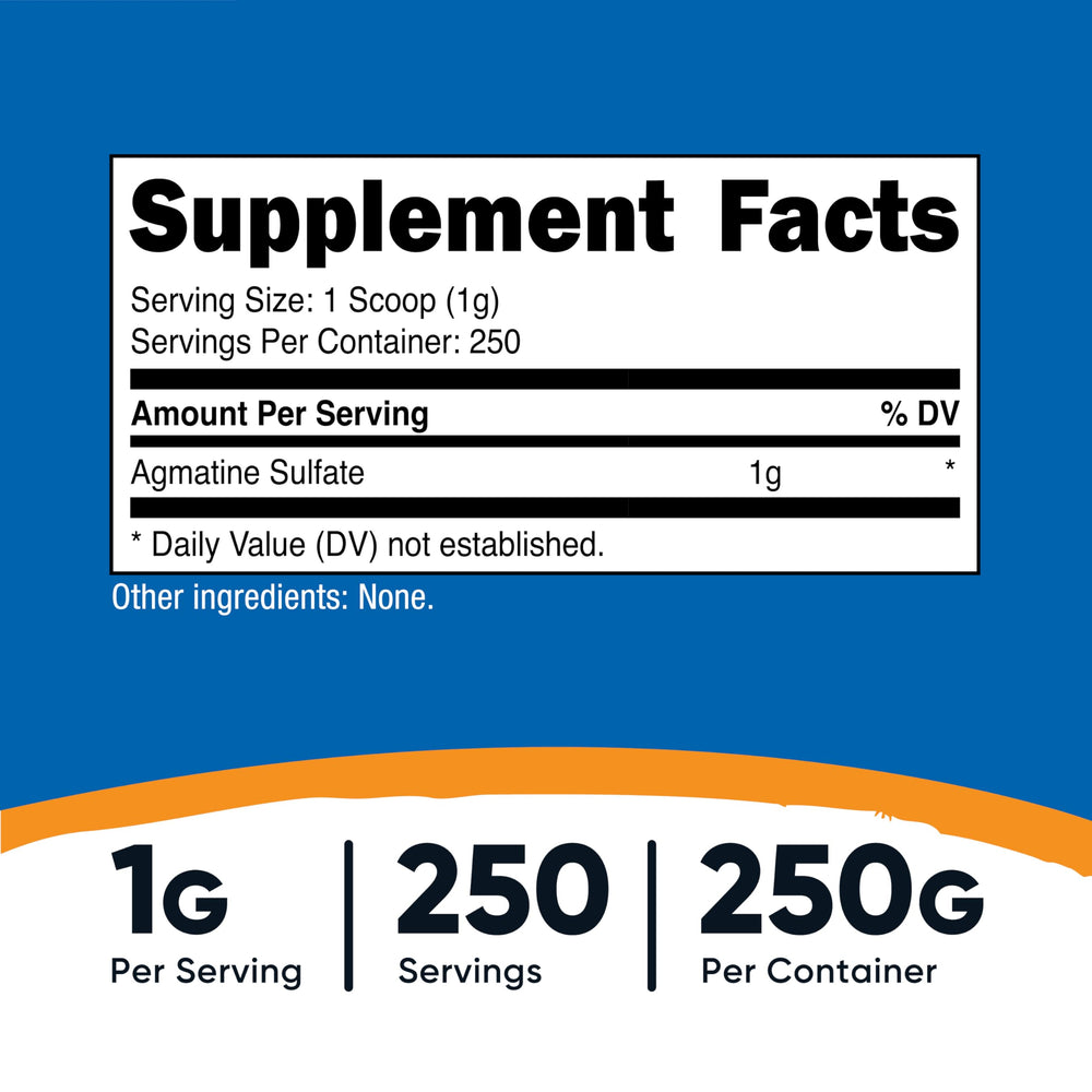 Nutricost Agmatine Sulfate scoop with powder, ready for a 1 g serving