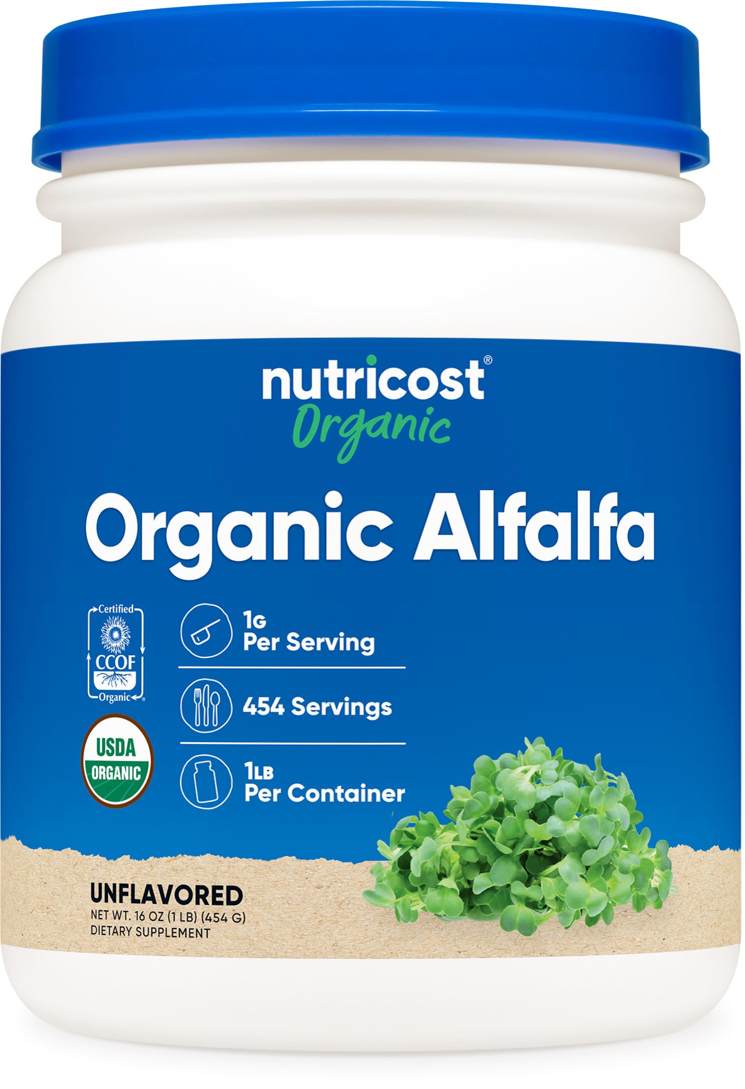 Nutricost Organic Alfalfa Powder bottle shows USDA Organic label for clean nutrition.