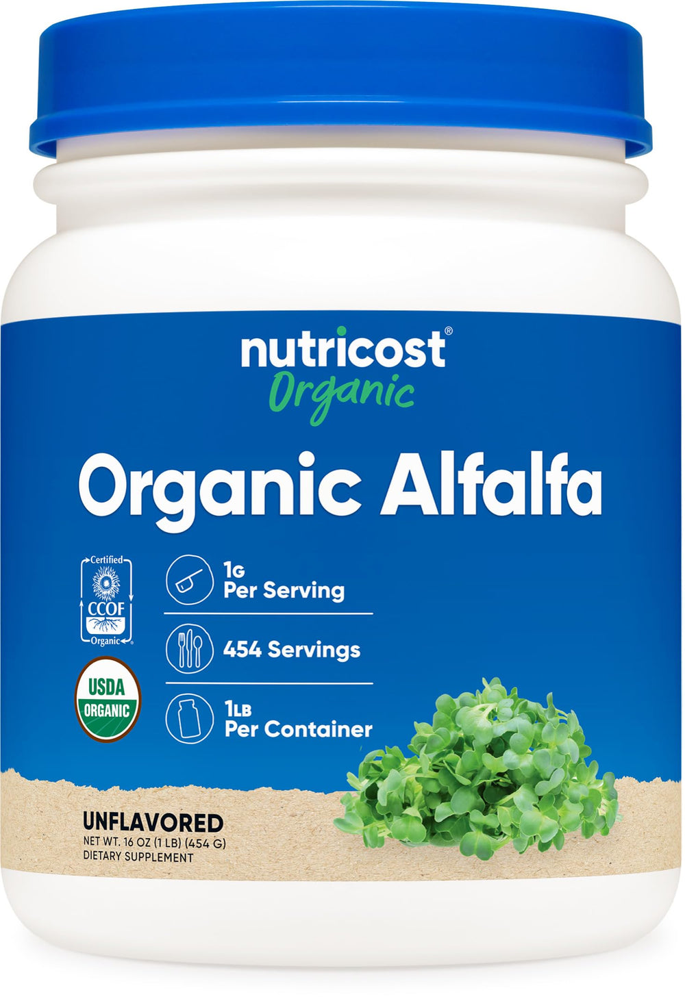 Nutricost Organic Alfalfa Powder bottle shows USDA Organic label for clean nutrition.