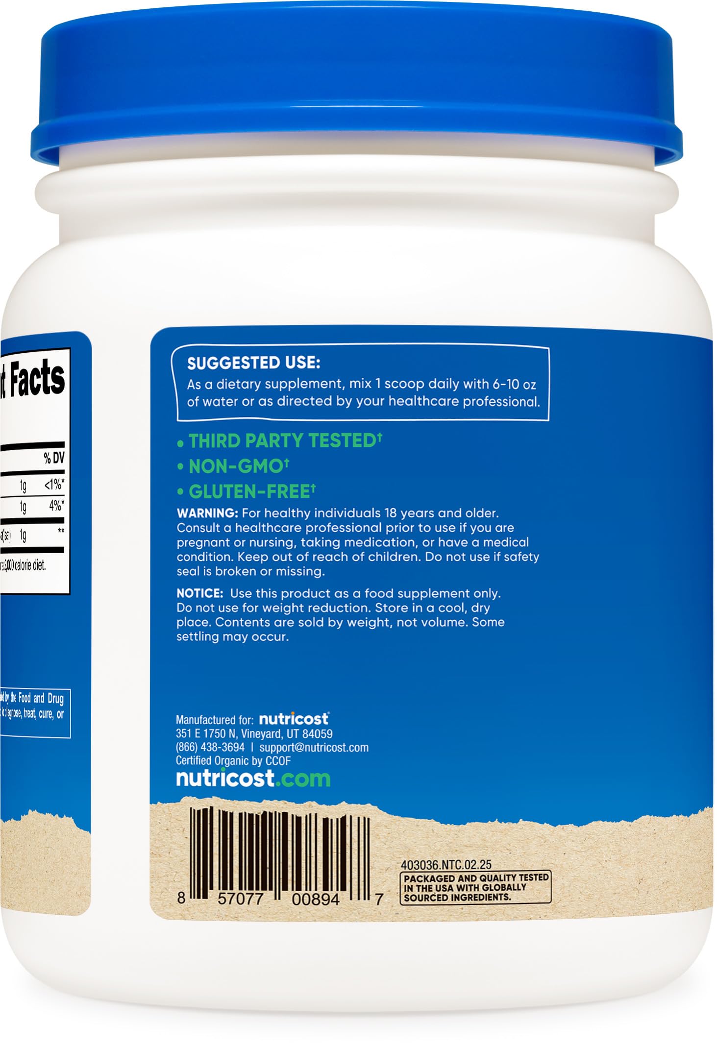 Nutricost Alfalfa Powder ingredients emphasize vegetarian and gluten-free options.