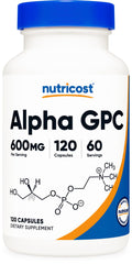 Nutricost Alpha GPC 600mg bottle front view, clear labeling supports informed choices