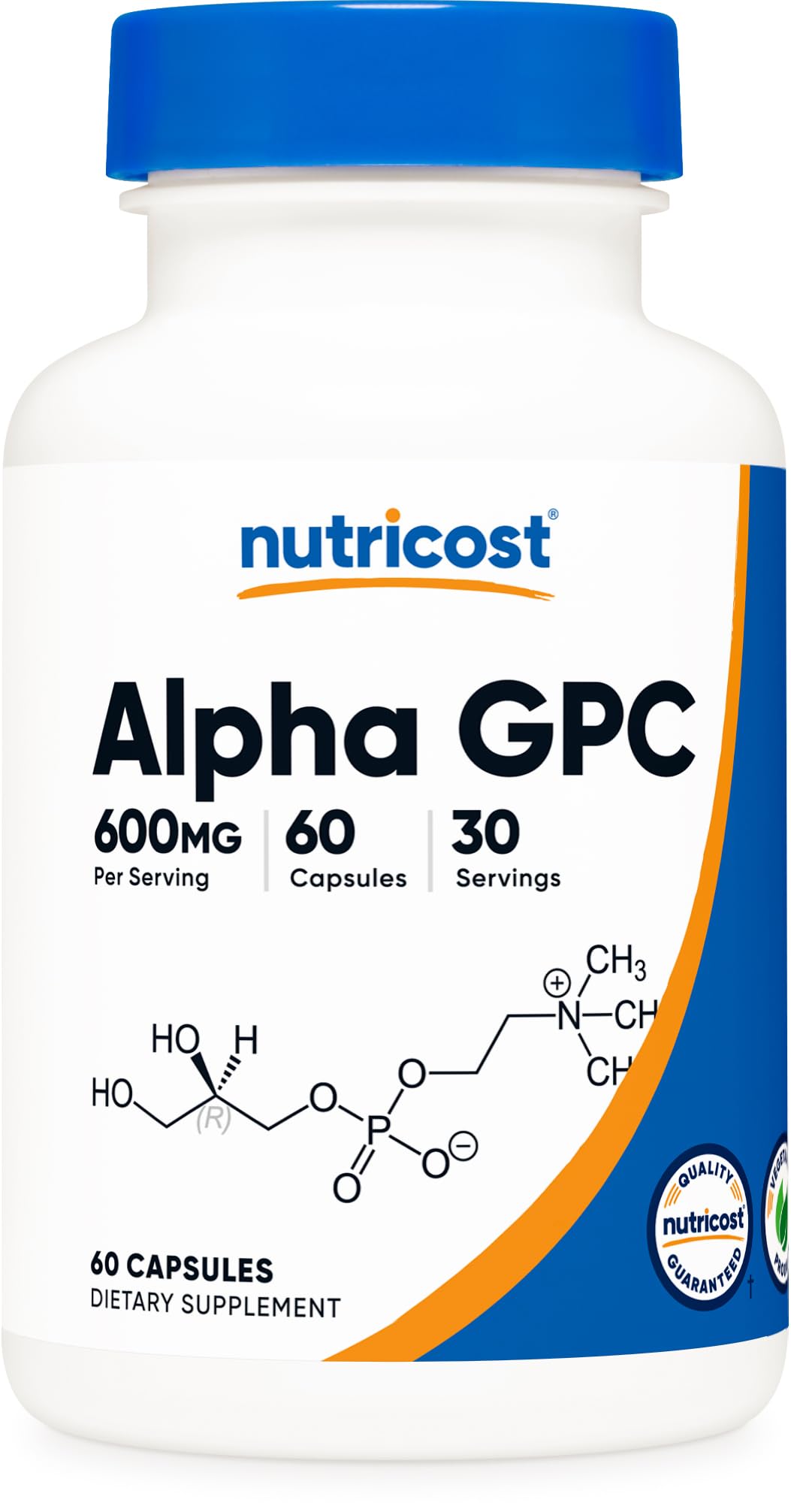 Nutricost Alpha GPC 600mg bottle packaging highlights quality and value for daily use.