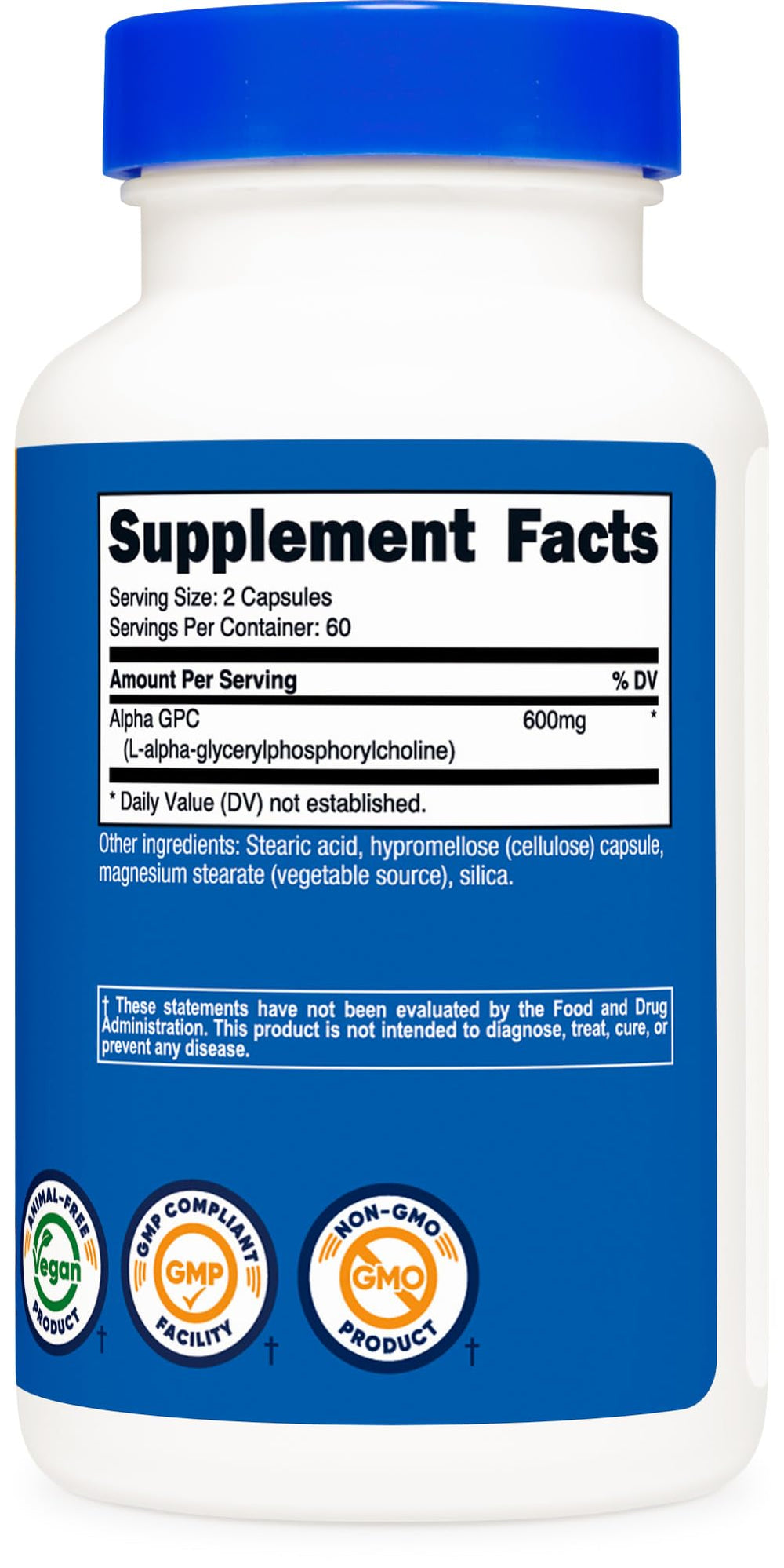 Nutricost Alpha GPC 600mg ingredients closeup, soy-free assurance