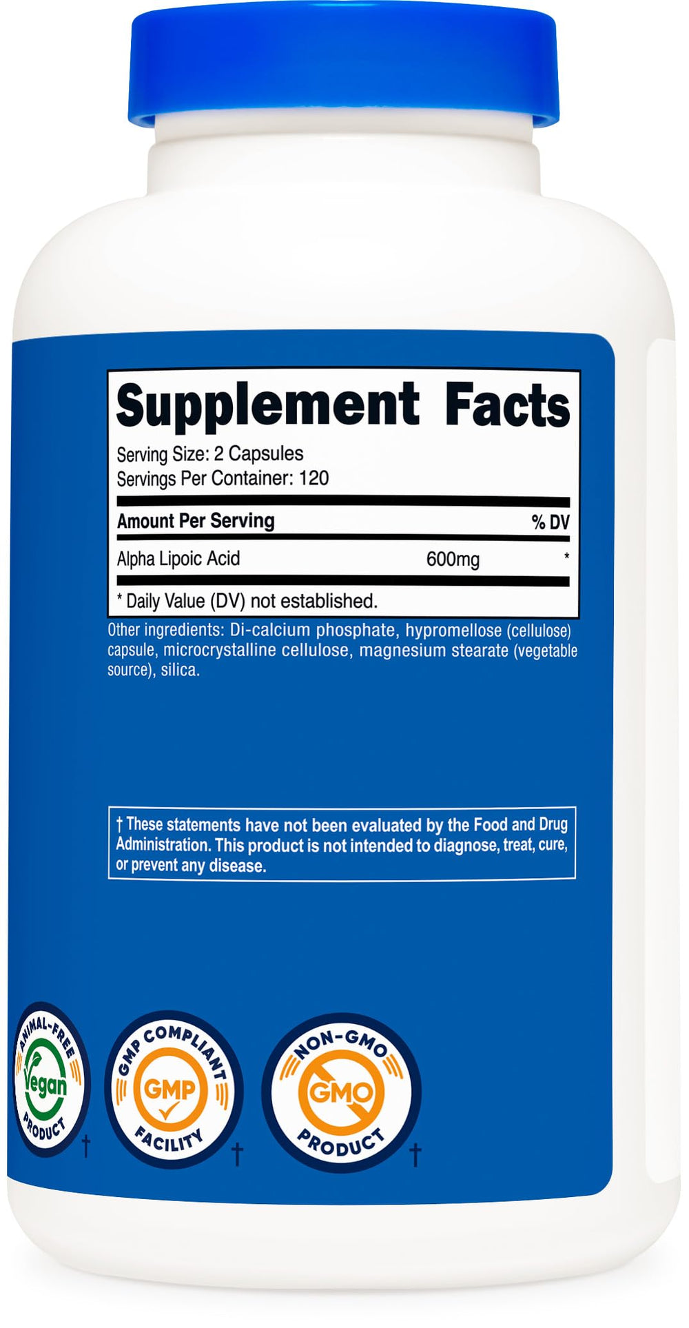 Nutricost Alpha Lipoic Acid bottle with third-party testing badge for quality assurance