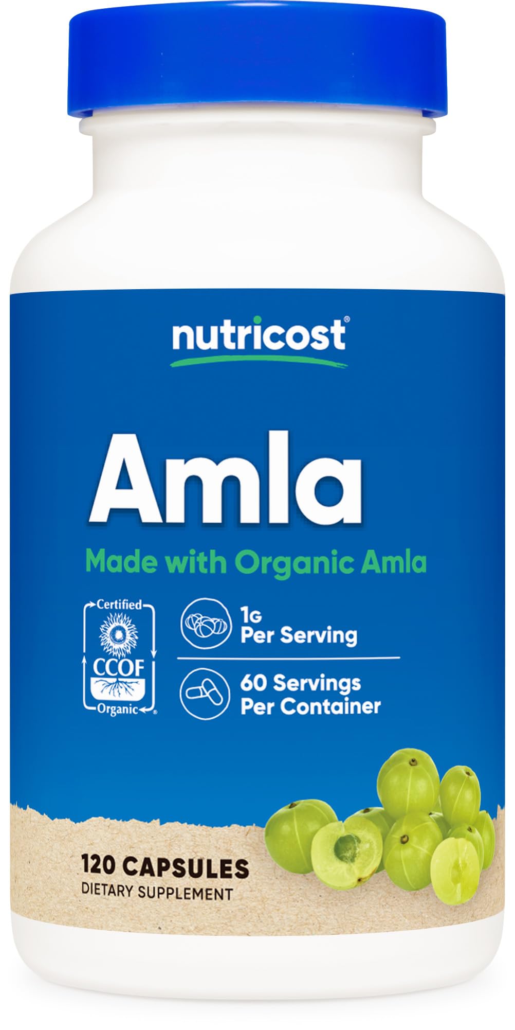 Nutricost Amla bottle with capsules highlights organic, non-GMO daily wellness.