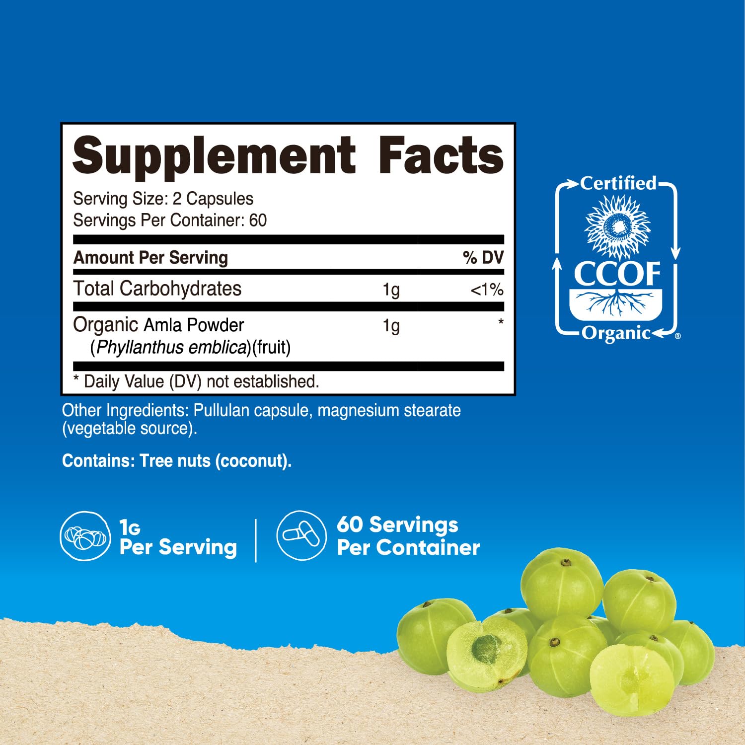Nutricost Amla label close-up shows organic certification and quality standards.