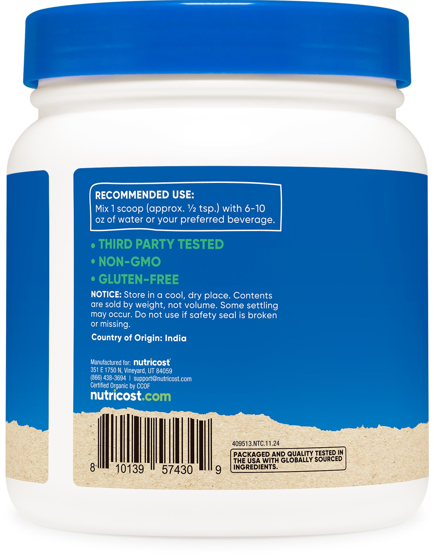 Nutricost Amla Powder blended into smoothie, showing color and texture.
