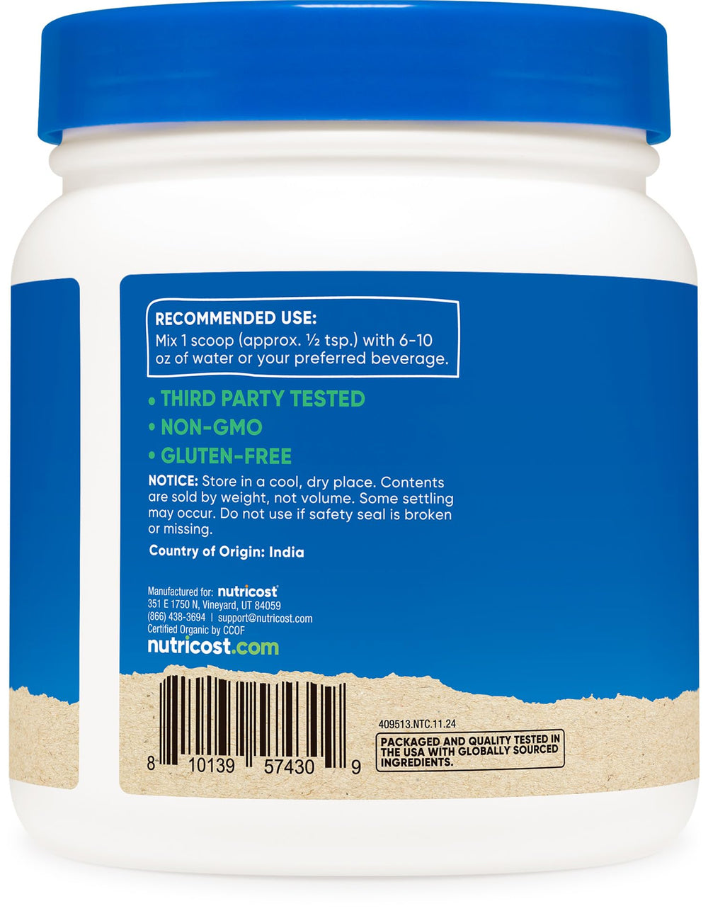 Nutricost Amla Powder blended into smoothie, showing color and texture.