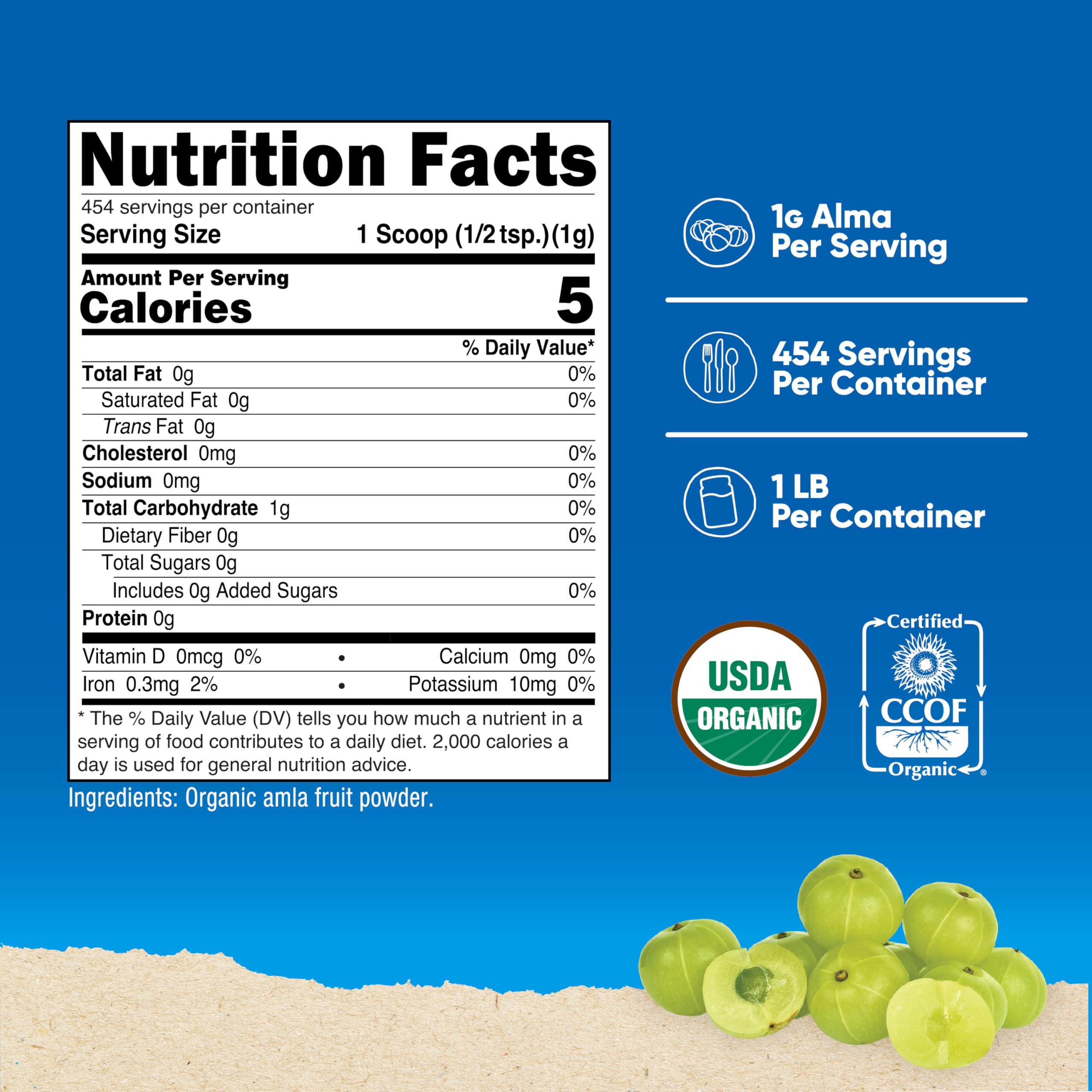 Nutricost Amla Powder unflavored label close-up for seamless mixing.
