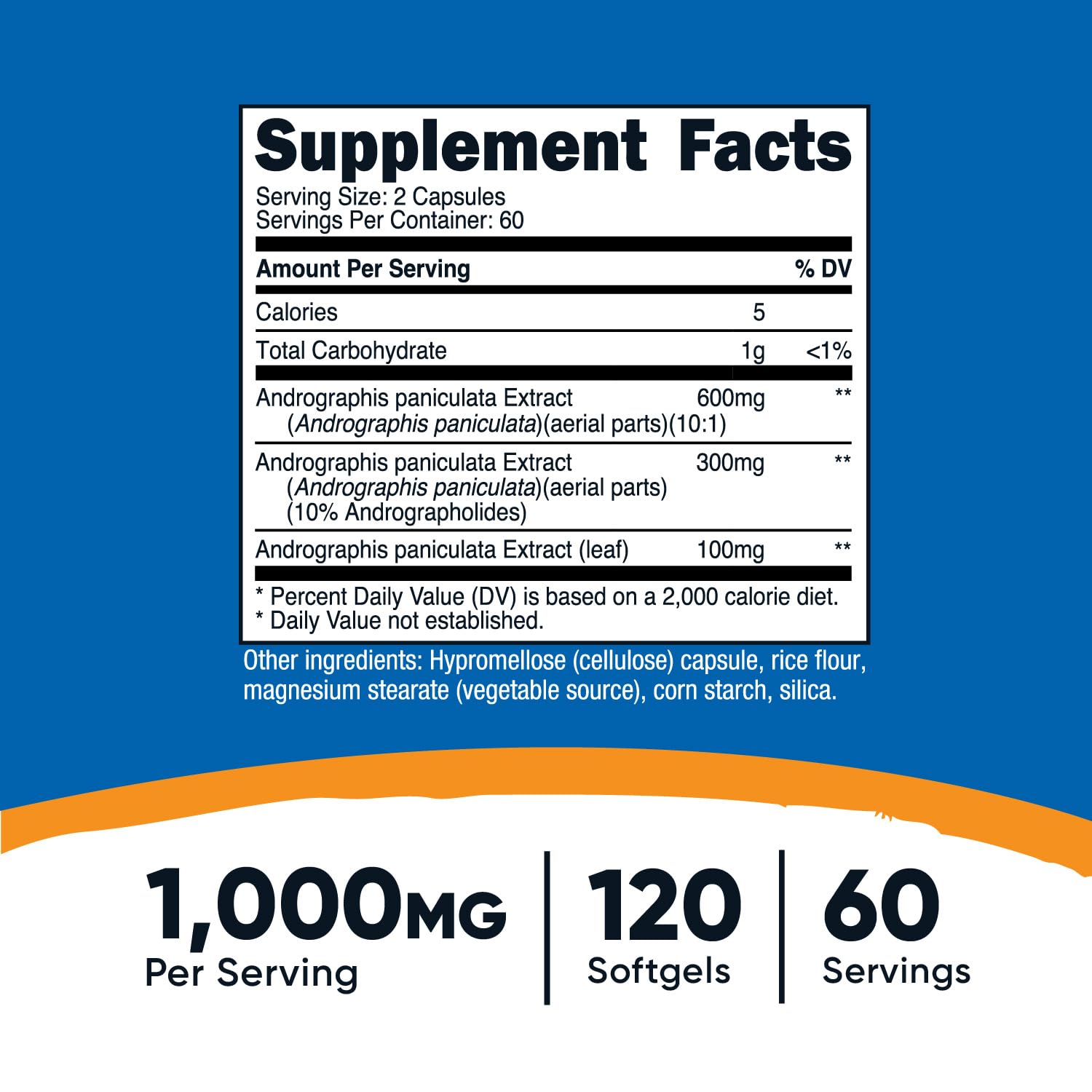 Nutricost Andrographis capsules close-up showing 1000mg per serving.