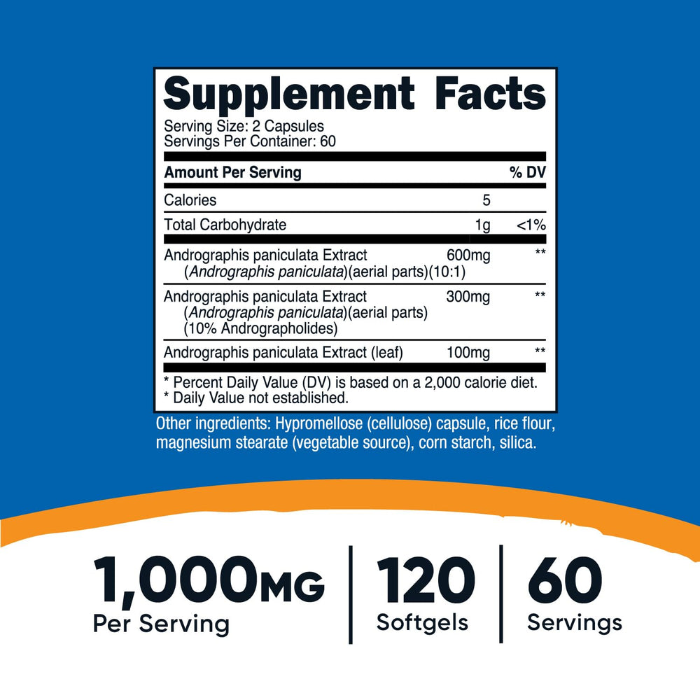 Nutricost Andrographis capsules close-up showing 1000mg per serving.