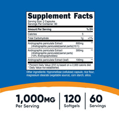 Nutricost Andrographis capsules close-up showing 1000mg per serving.