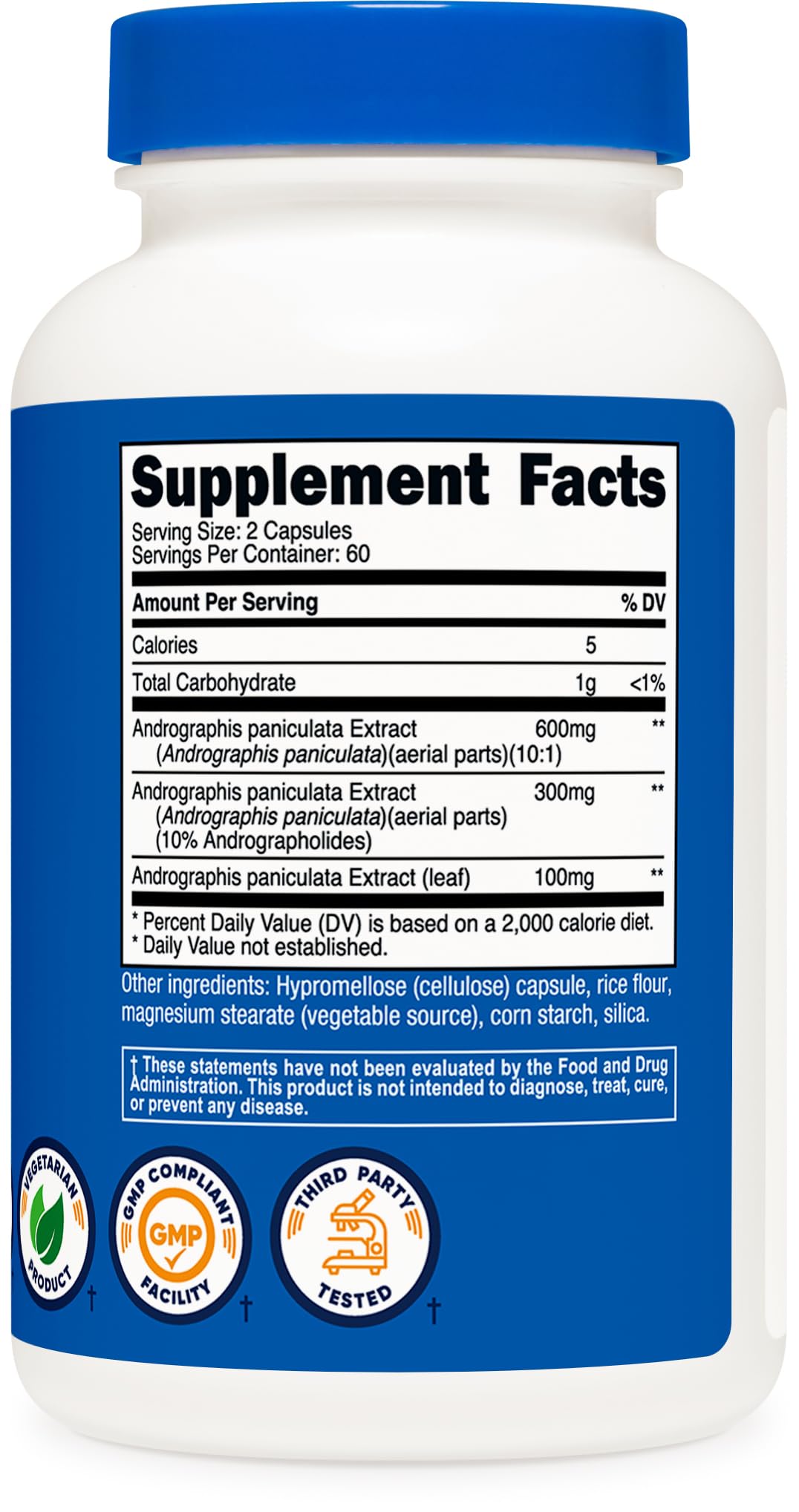Serving dosage image shows two capsules for daily use.