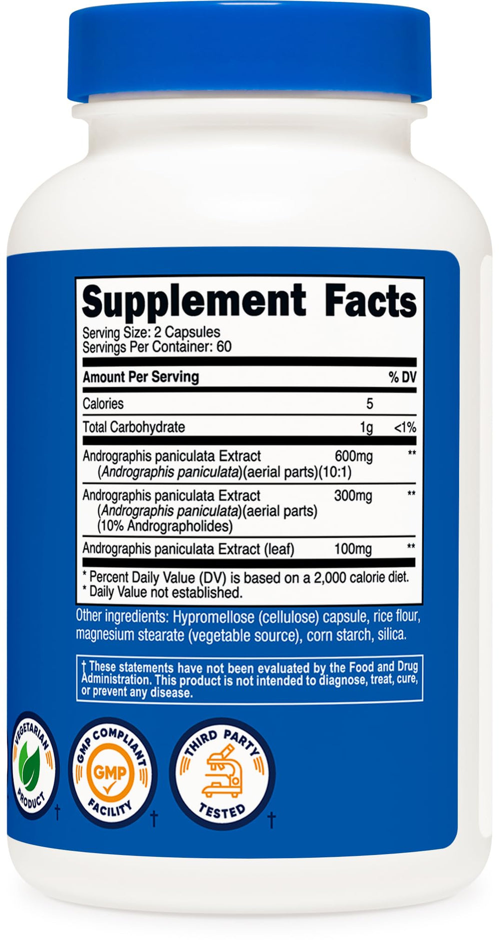 Serving dosage image shows two capsules for daily use.