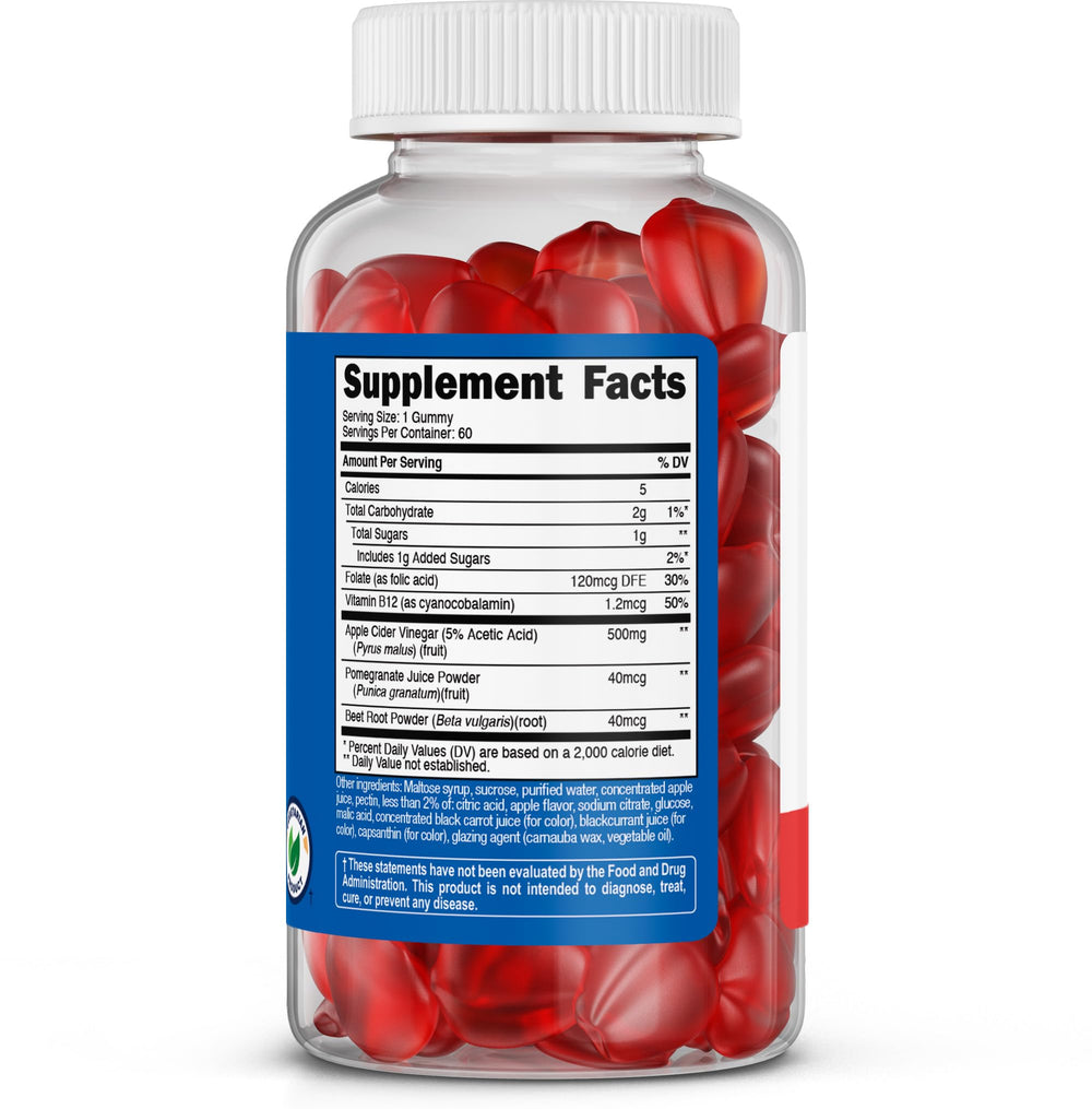 Apple-flavored gummies in glass bottle emphasizing flavor and on-the-go use.