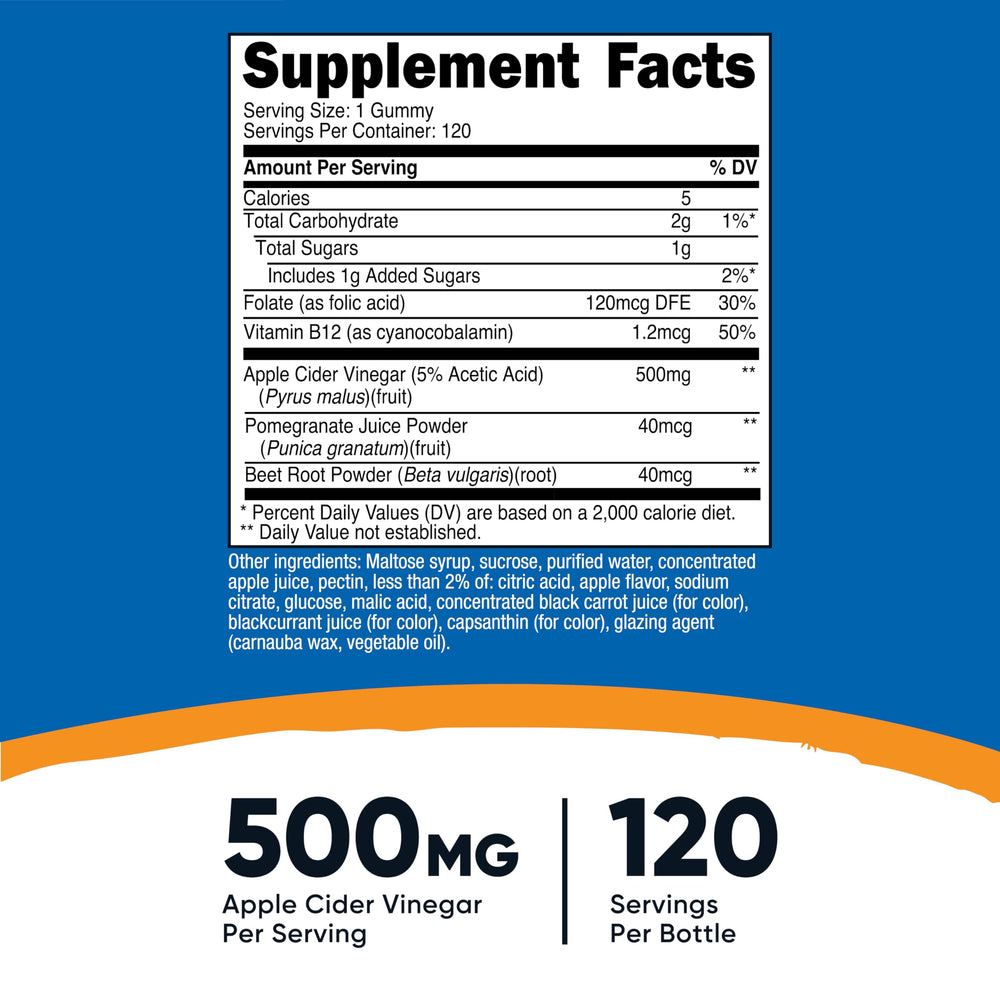 Nutricost Apple Cider Vinegar Gummies label close-up showing 120 servings for daily routine.