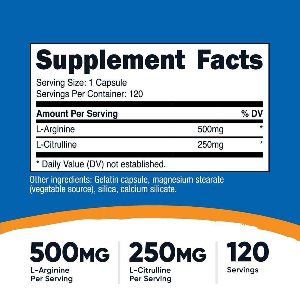 Close-up of Nutricost capsules showing the L-Arginine L-Citrulline complex for daily use