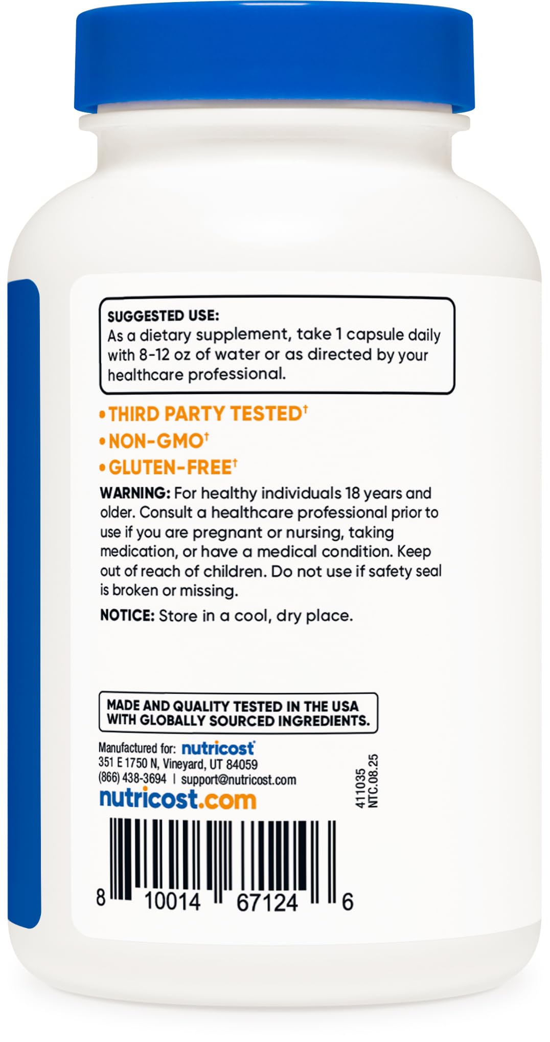 Packaging on shelf emphasizes gluten-free and non-GMO ingredients from Nutricost