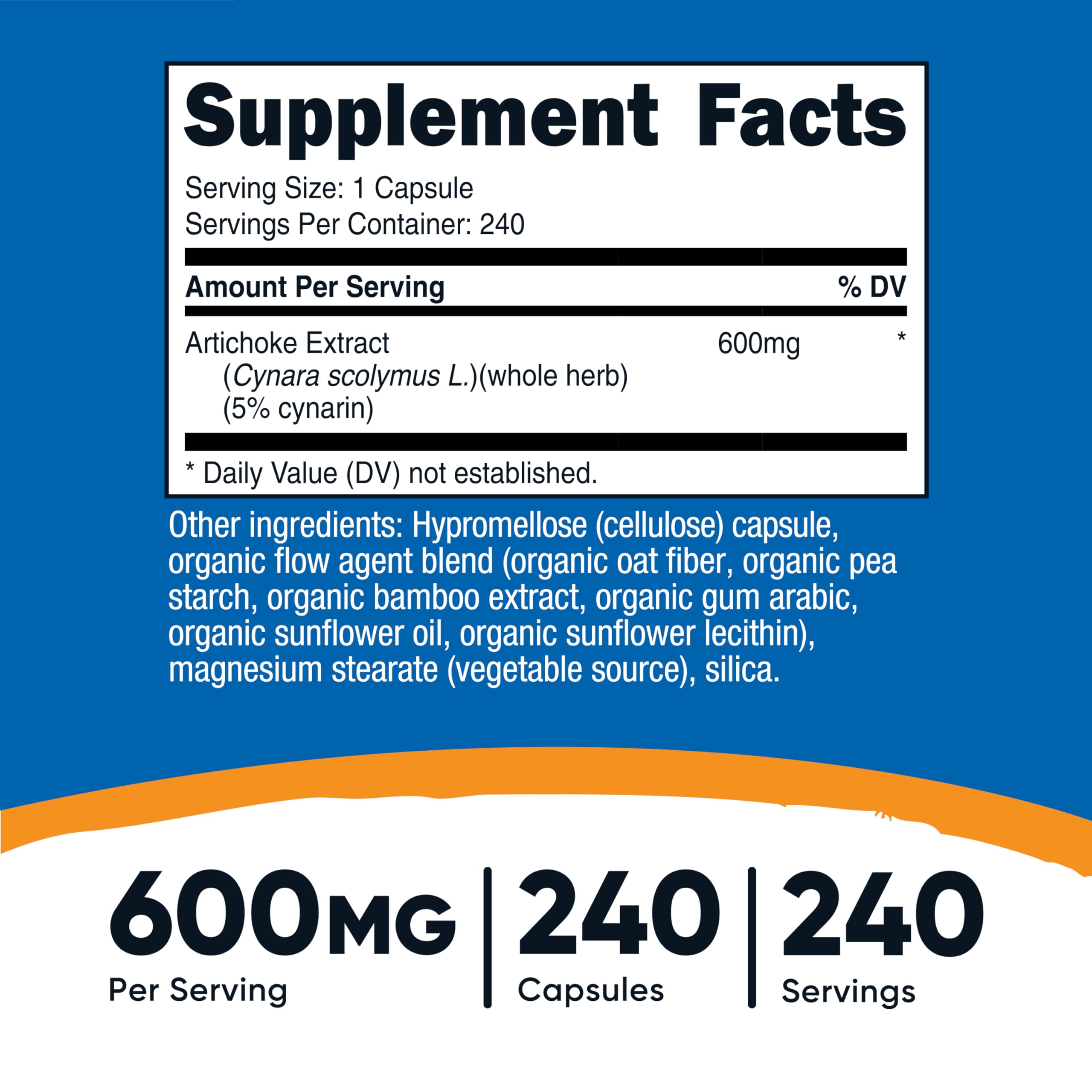 Nutricost Artichoke Extract capsule close-up highlights standard 5% Cynarin for potency