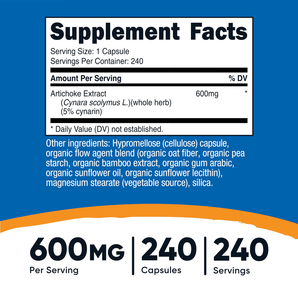 Nutricost Artichoke Extract capsule close-up highlights standard 5% Cynarin for potency
