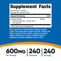Nutricost Artichoke Extract capsule close-up highlights standard 5% Cynarin for potency