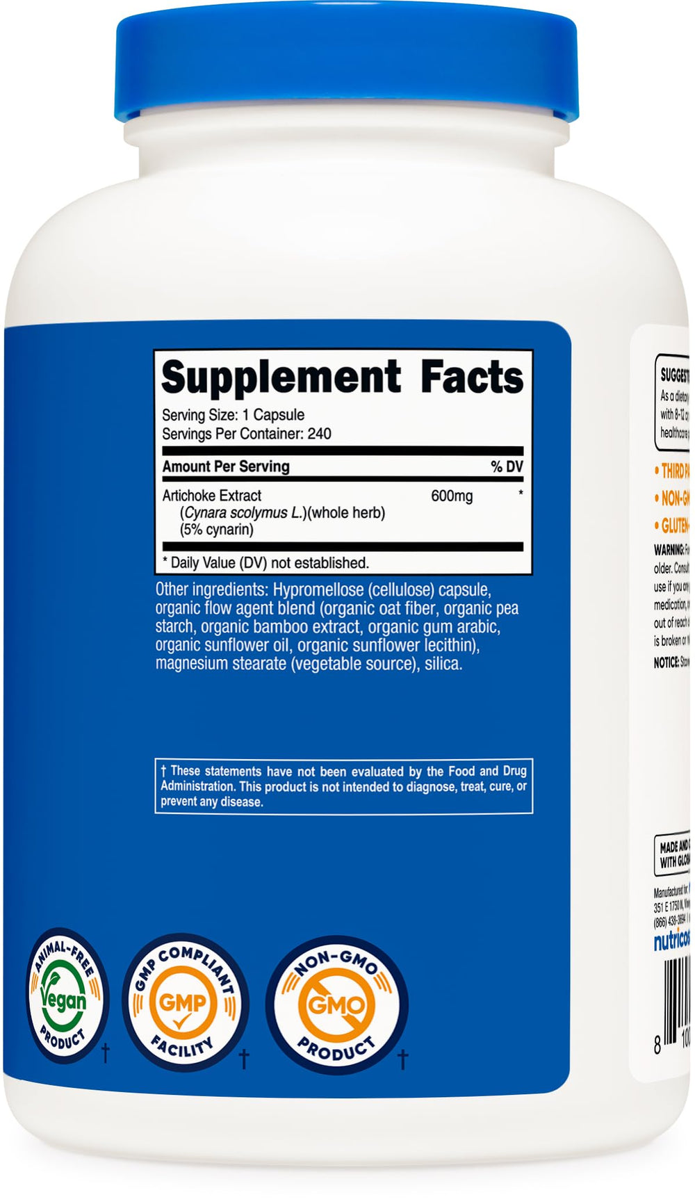 Nutricost Artichoke Extract label 5% Cynarin conveys standardized potency and quality promise