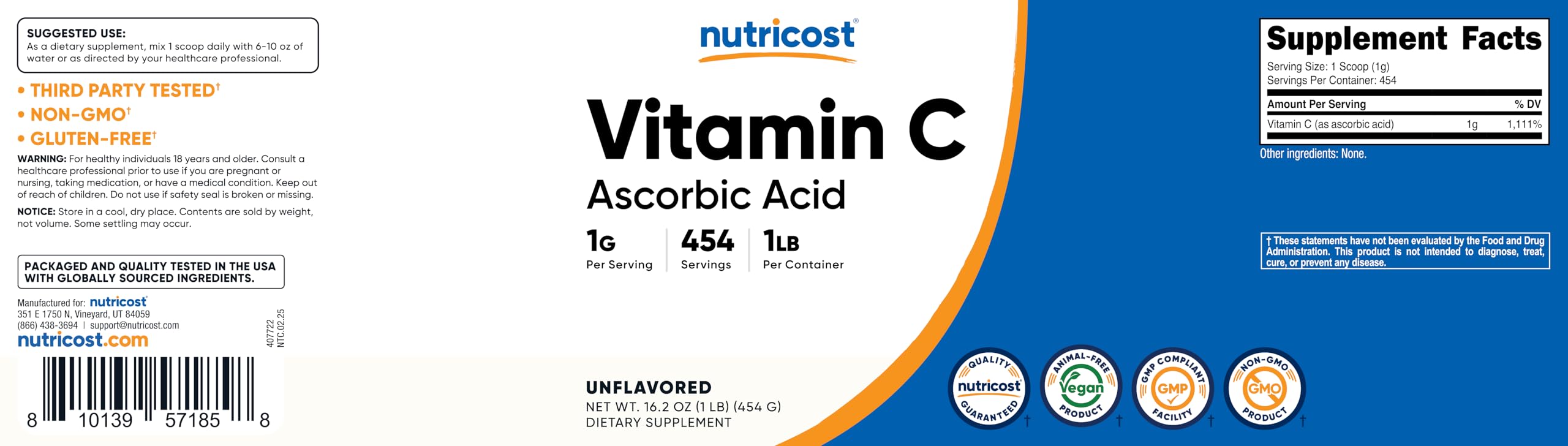 Nutricost ascorbic acid powder in a kitchen scene – ideal for baking and recipes.