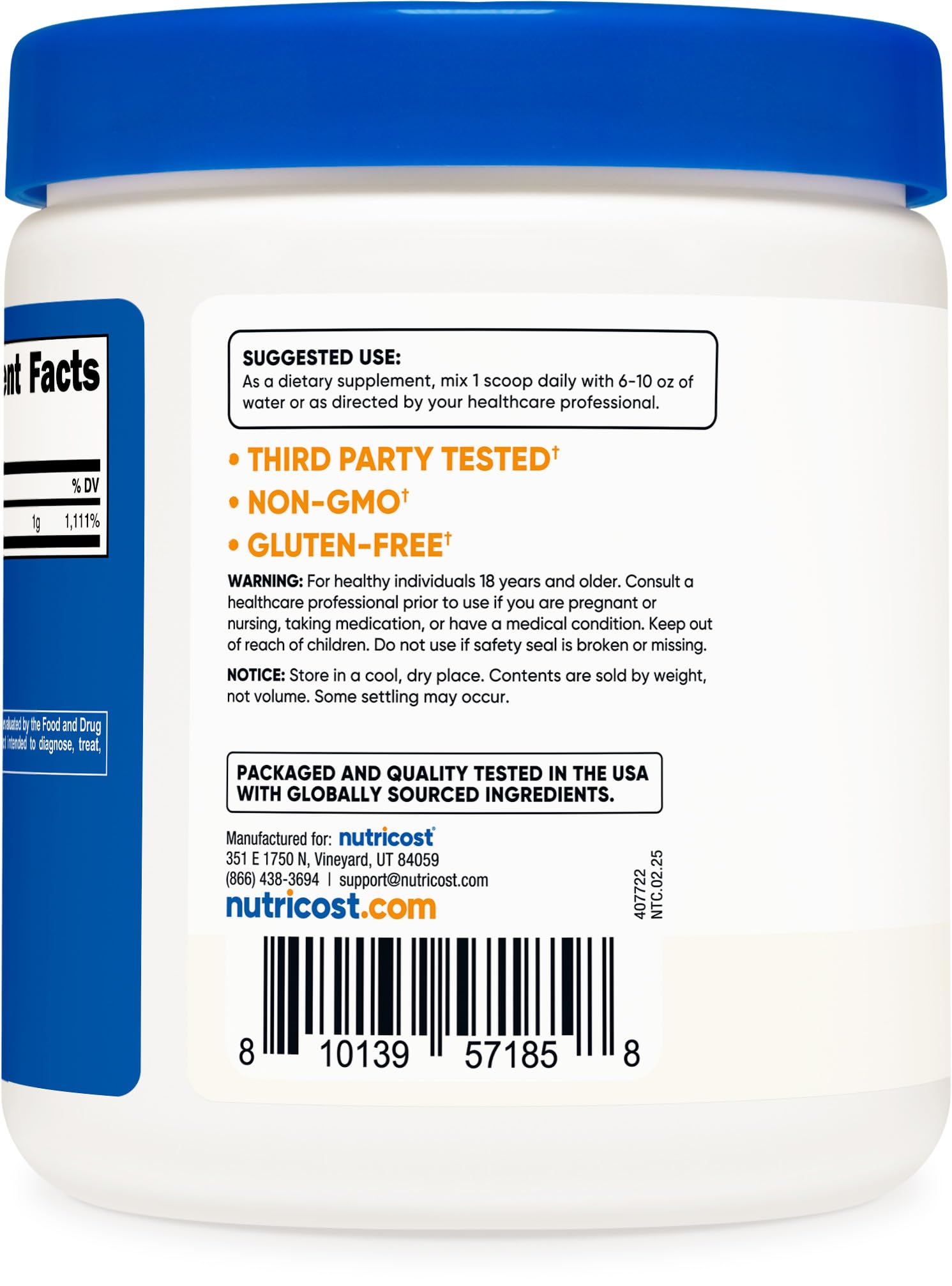 Nutricost ascorbic acid powder label – non-GMO and gluten-free promise.