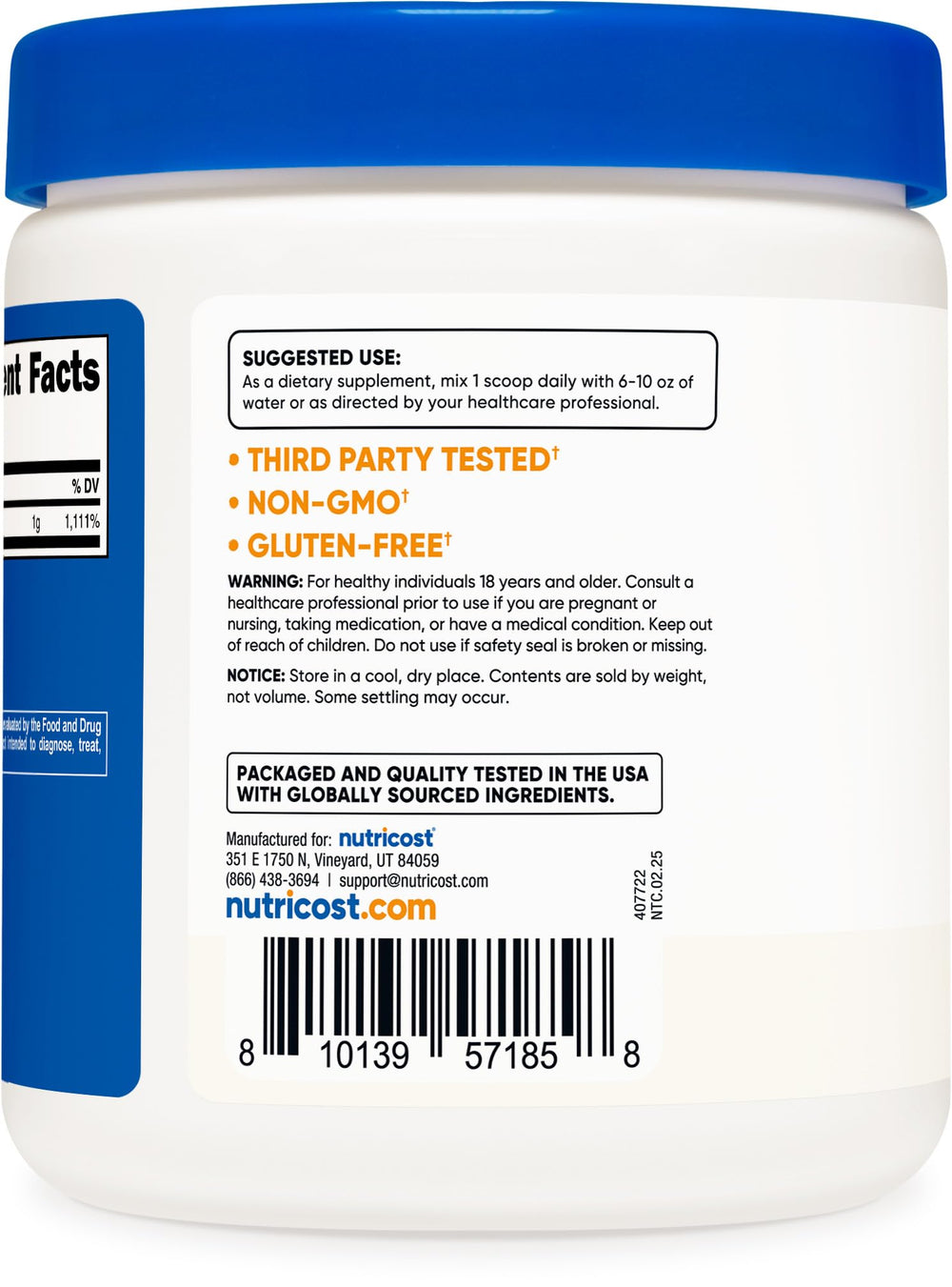 Nutricost ascorbic acid powder label – non-GMO and gluten-free promise.