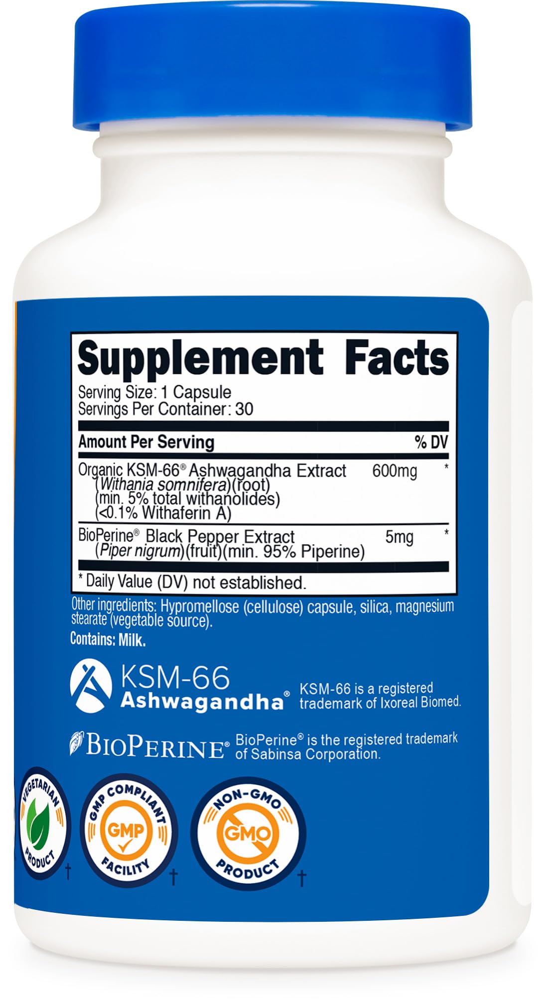 Nutricost Ashwagandha bottle label highlights full-spectrum root extract.