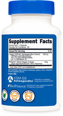 Nutricost Ashwagandha bottle label highlights full-spectrum root extract.