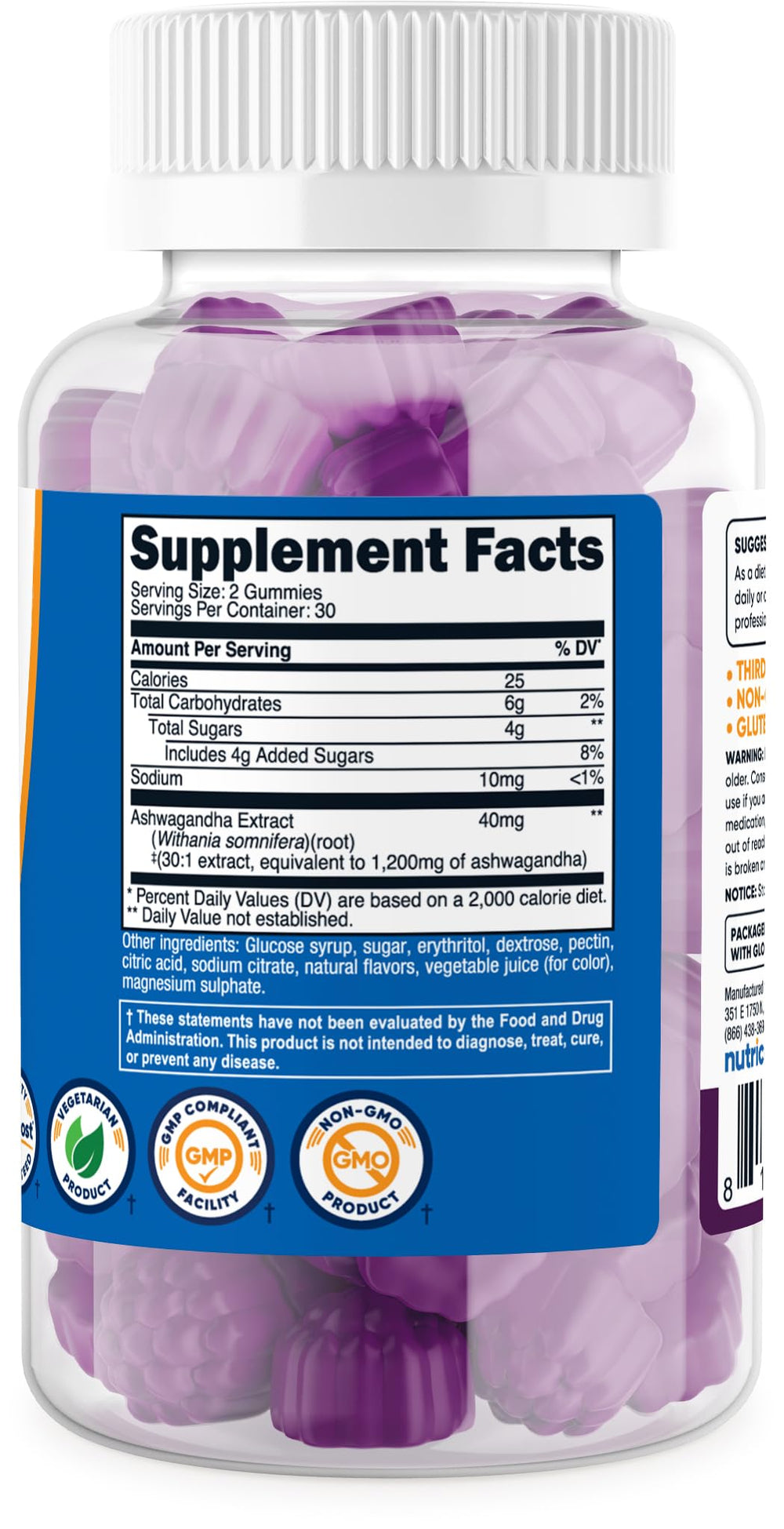 Nutricost Ashwagandha Gummies packaging front highlighting vegetarian and gluten-free claims.