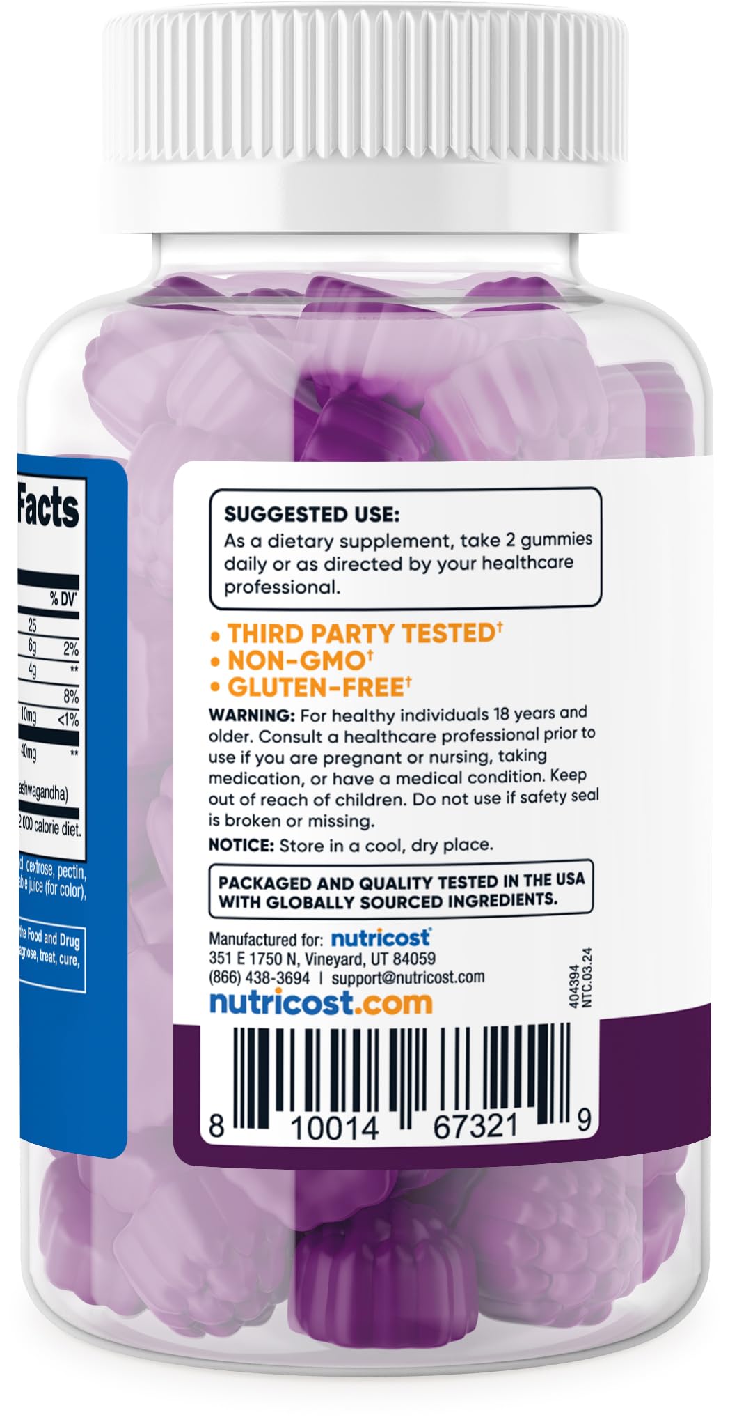 Nutricost Ashwagandha Gummies serving tray showing 60 gummies for easy daily use.