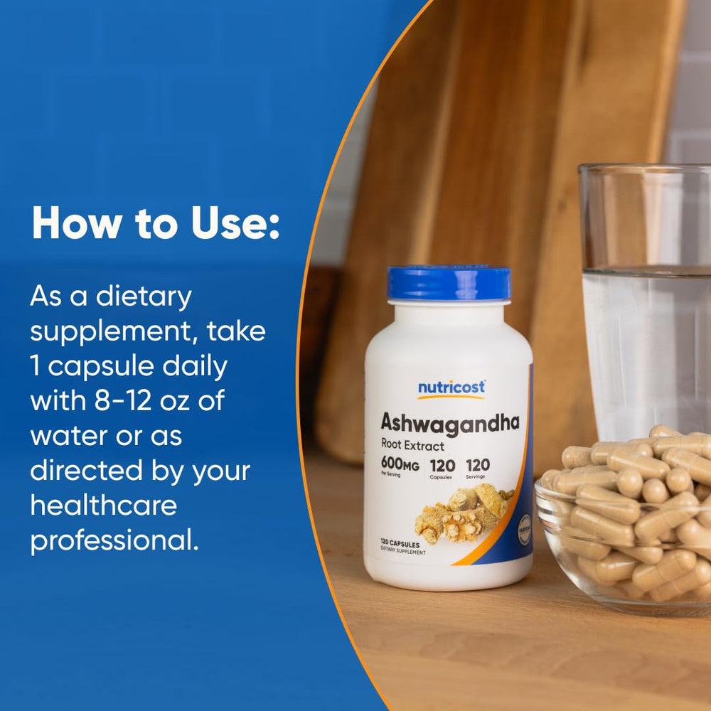 Nutricost Ashwagandha bottle on pantry shelf for long-lasting supply.