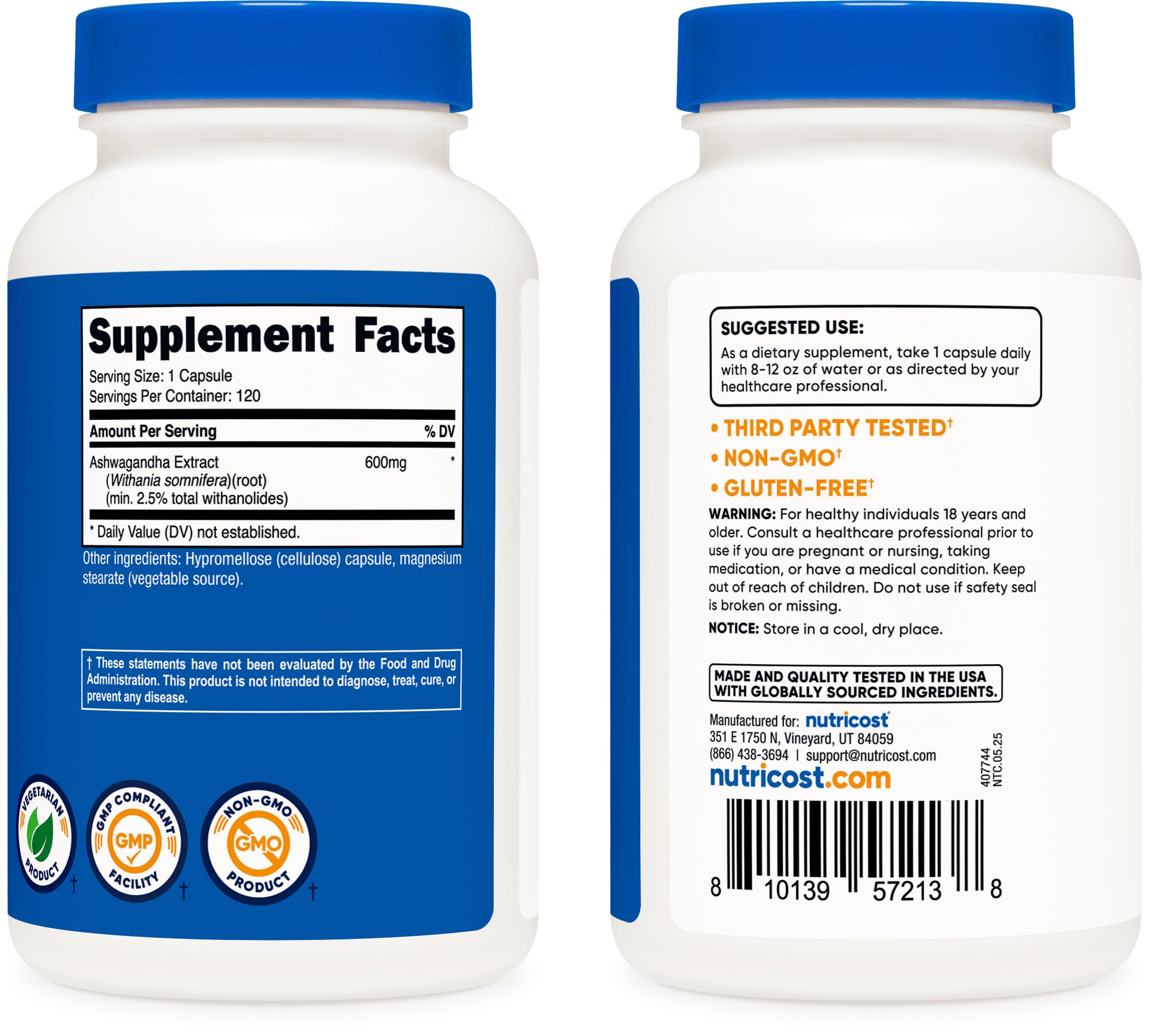 Nutricost Ashwagandha root extract capsules with clear label.