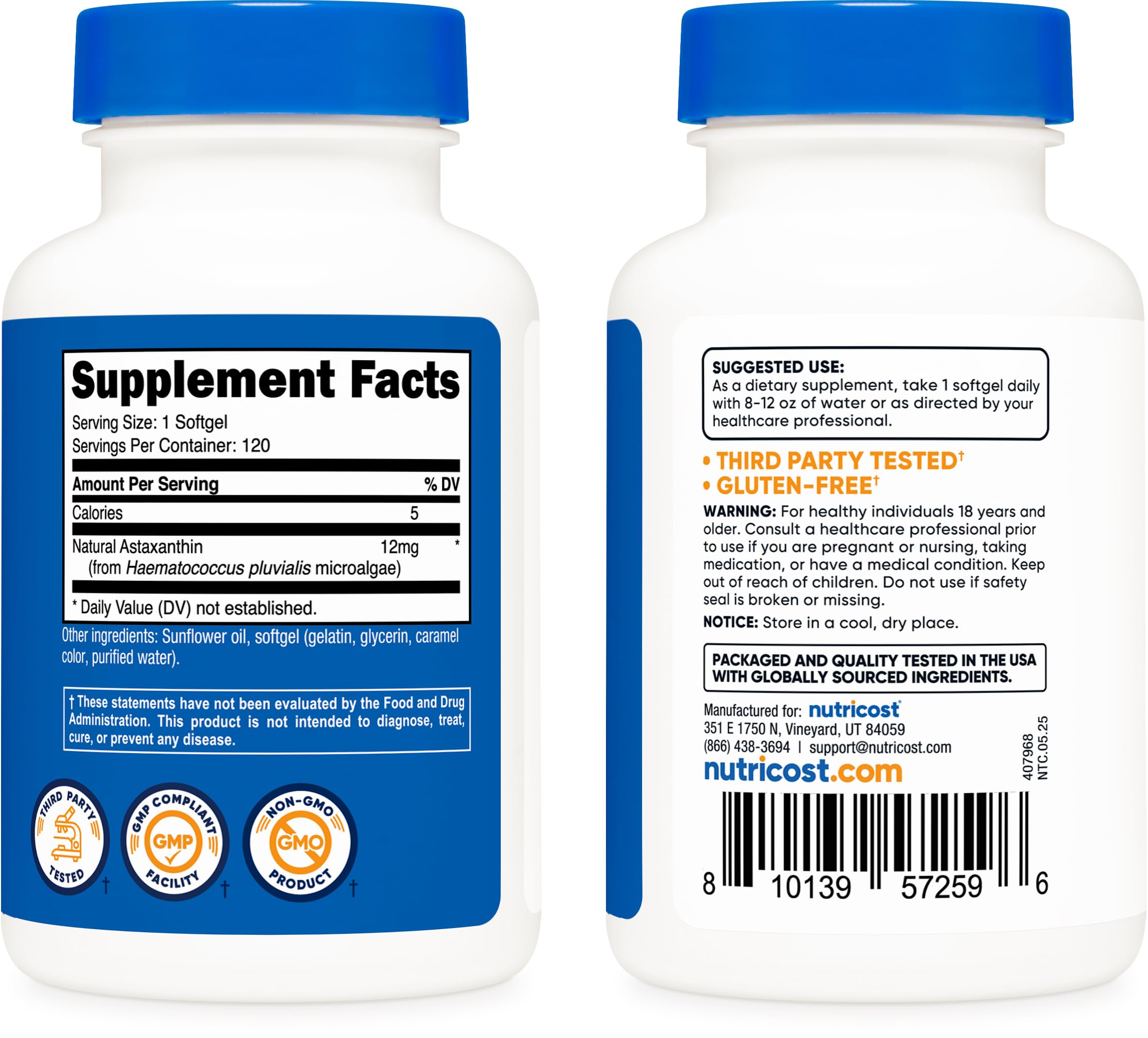 Nutricost Astaxanthin microalgae source emphasizing Haematococcus pluvialis origin.