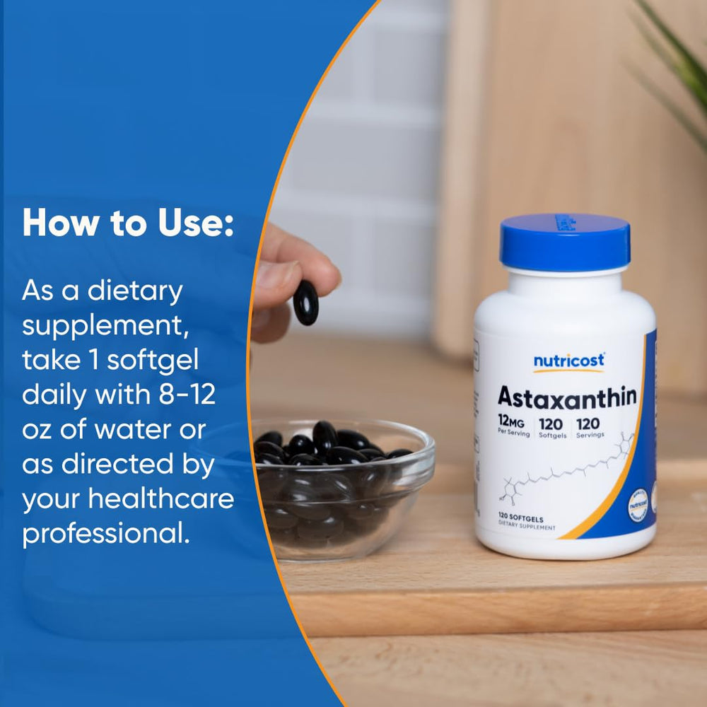 Nutricost Astaxanthin non-GMO gluten-free badge on the bottle label.