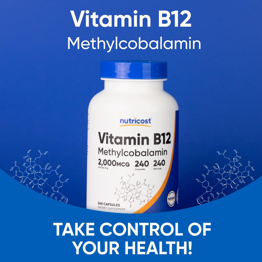 Nutricost B12 bottle with capsules inside, easy-to-take capsules for busy days.