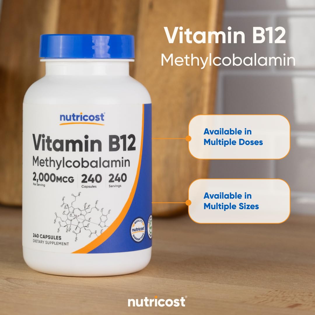 Nutricost B12 bottle packaging close-up, clean label and clear potency.