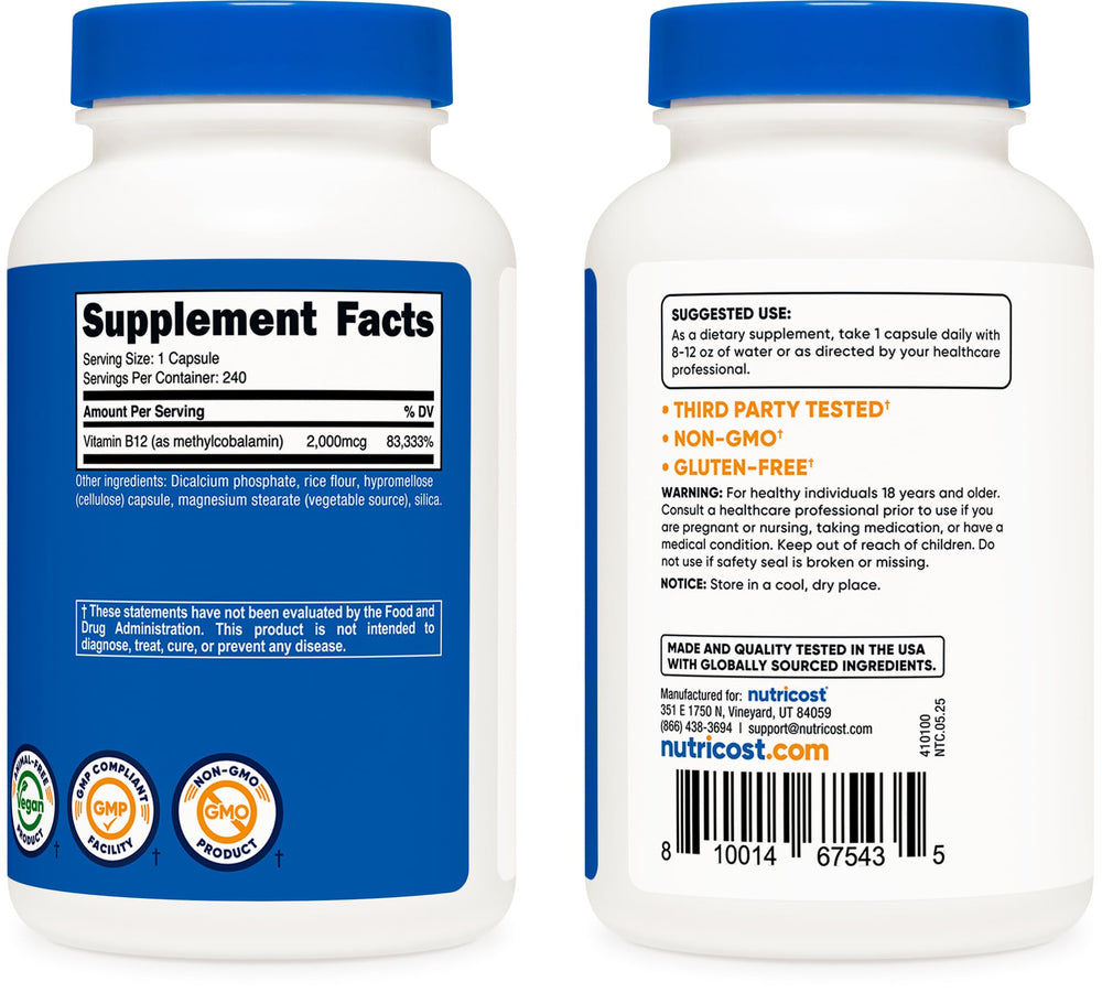 Nutricost B12 vegetarian capsules pack, convenient daily supplementation option.