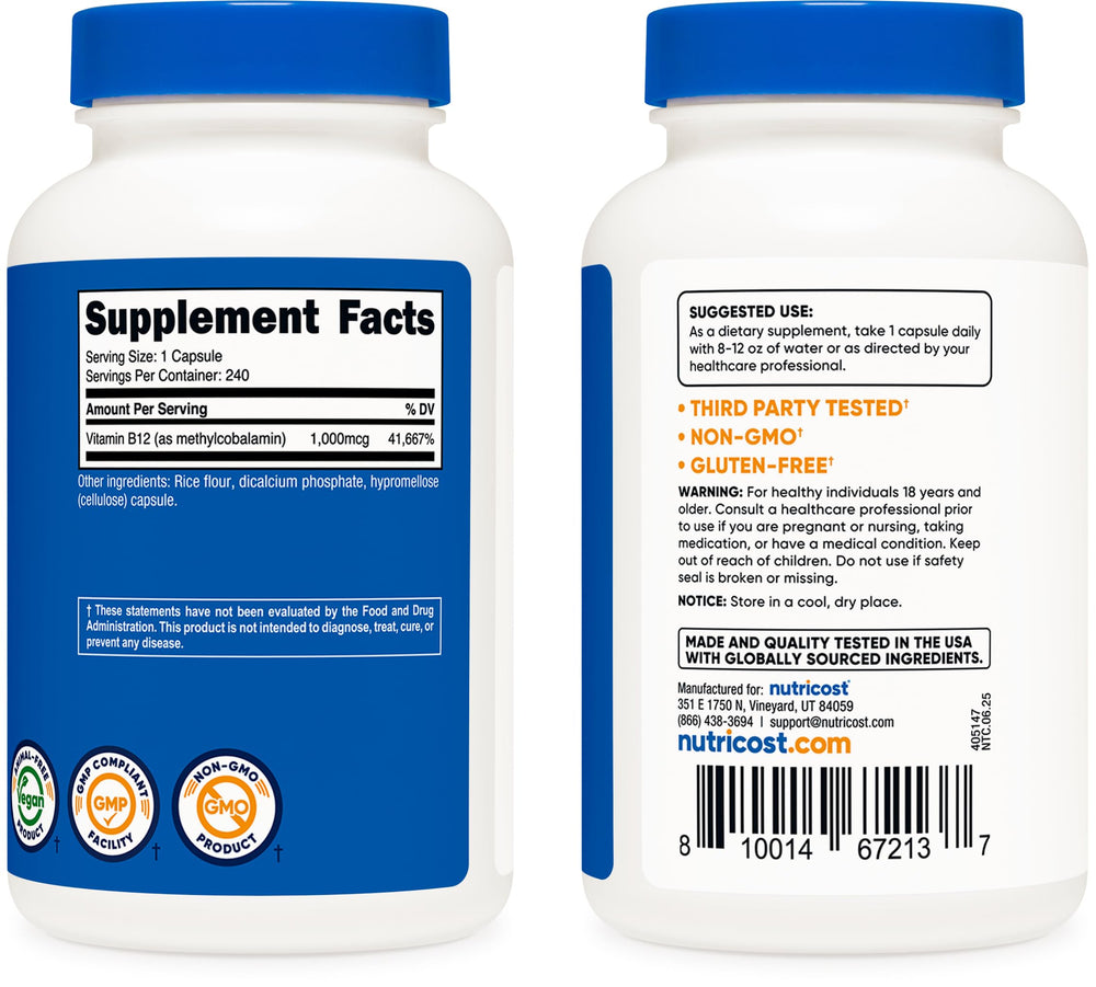 Nutricost B12 bottle front view on clean surface
