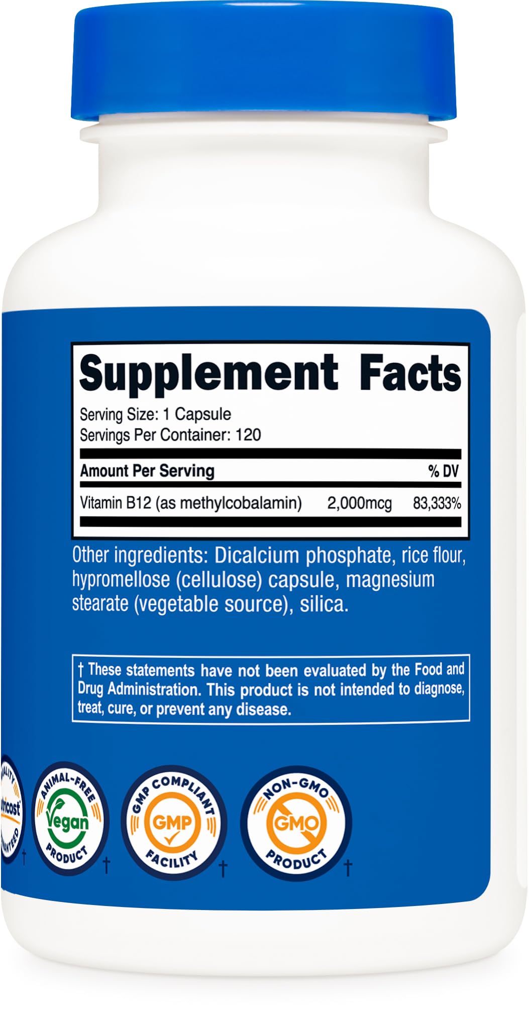 Nutricost B12 bottle side view displaying dosage info and labeling.