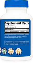 Nutricost B12 bottle side view displaying dosage info and labeling.
