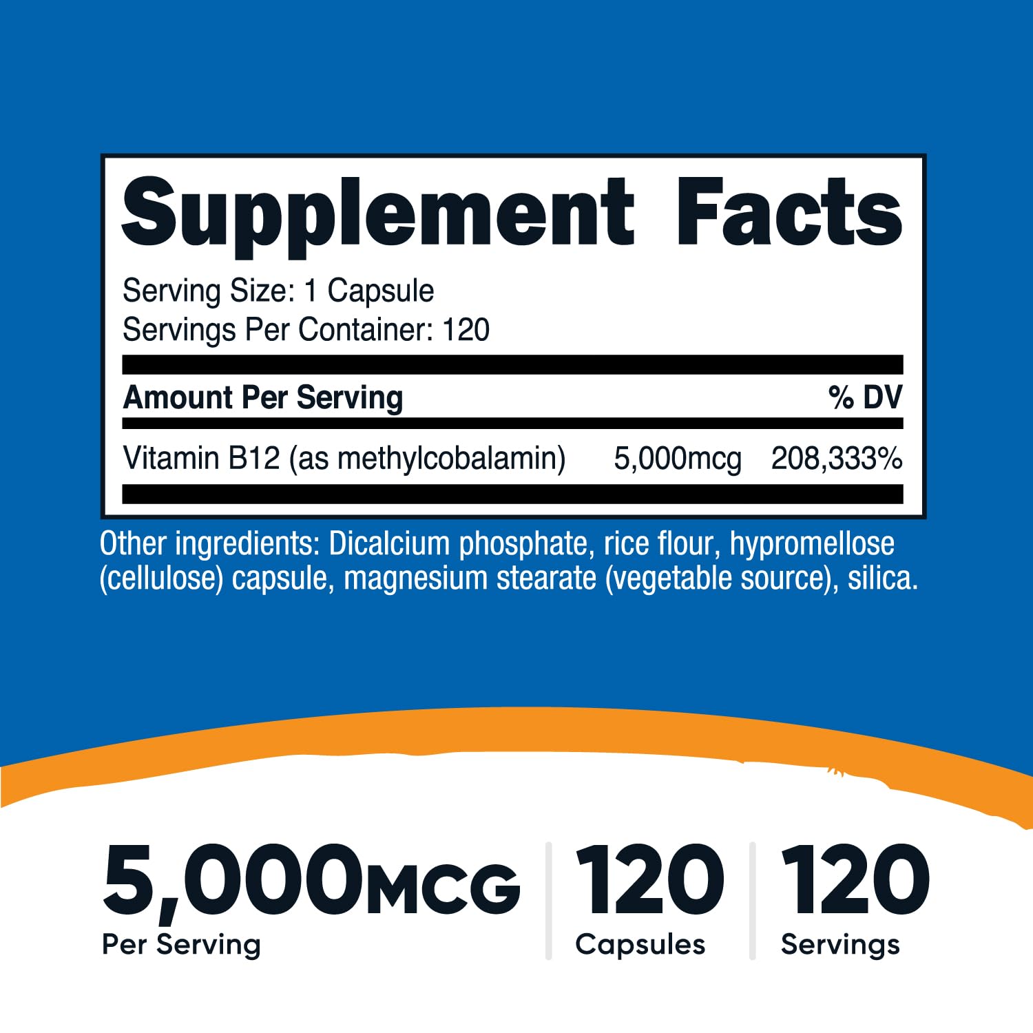 Nutricost B12 capsules close-up—high potency 5000mcg per serving for daily support.