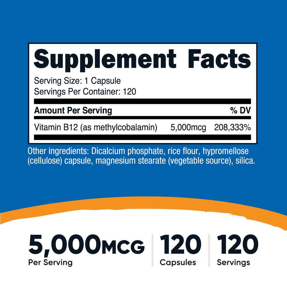 Nutricost B12 capsules close-up—high potency 5000mcg per serving for daily support.