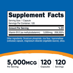Nutricost B12 capsules close-up—high potency 5000mcg per serving for daily support.