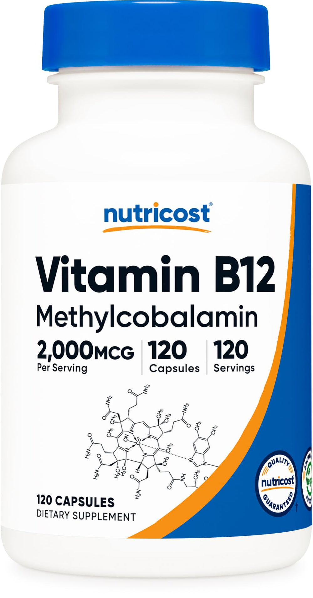 Nutricost B12 methylcobalamin bottle, 120 capsules, supports a steady daily supplement routine.