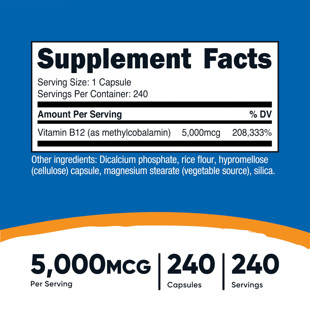 Nutricost B12 methylcobalamin capsules close-up highlighting vegetarian formulation.