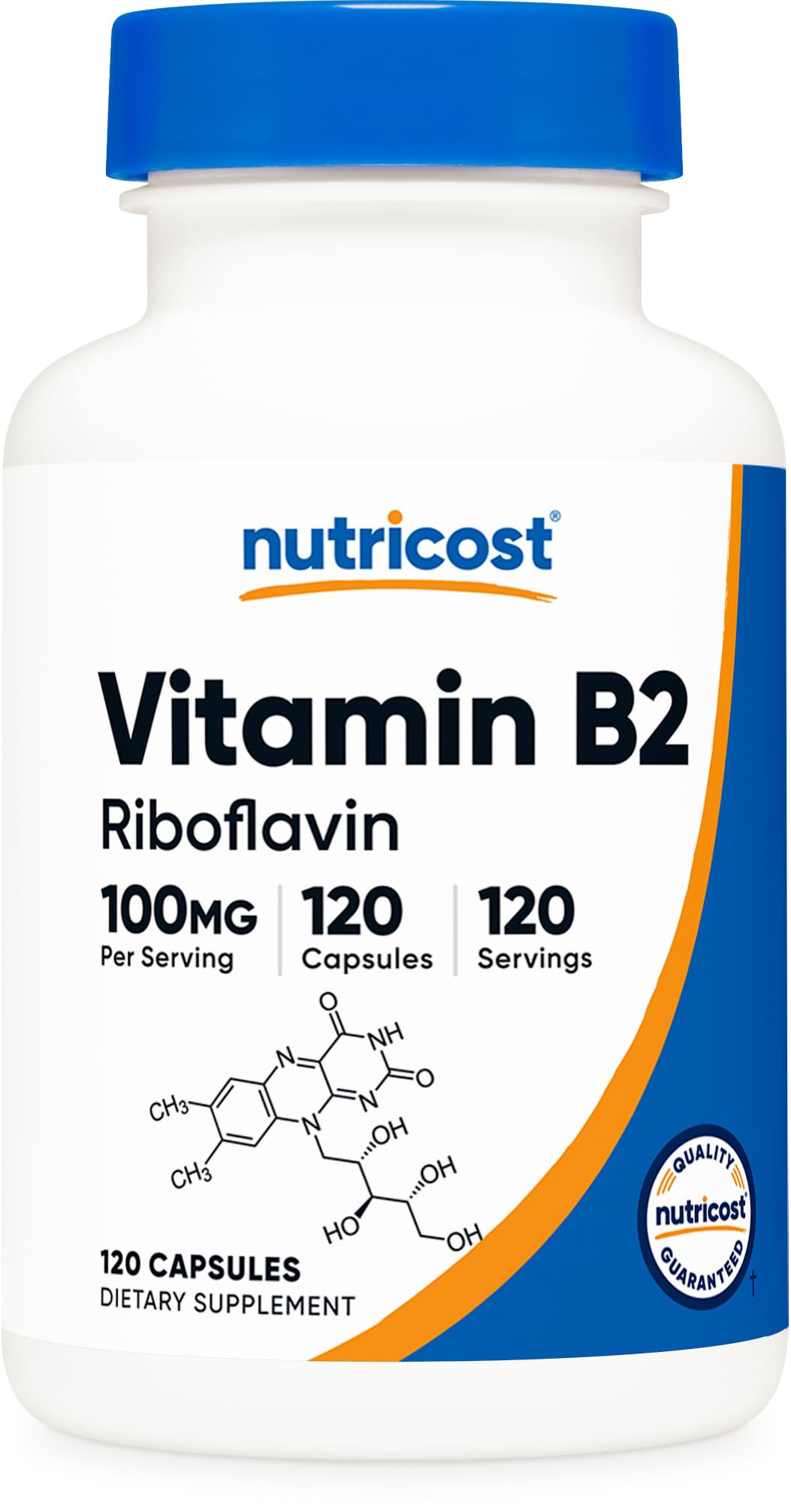 Nutricost Vitamin B2 bottle with riboflavin capsules for daily supplementation.