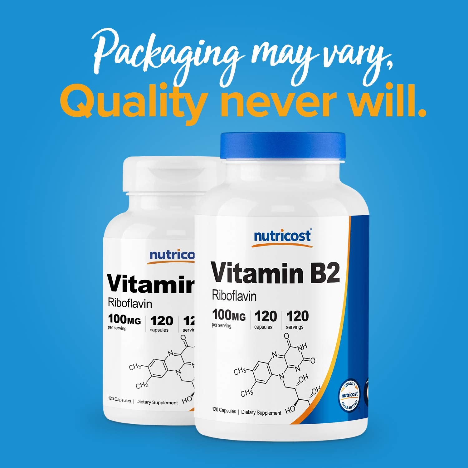 Back label of Nutricost Vitamin B2 detailing bottle contents.